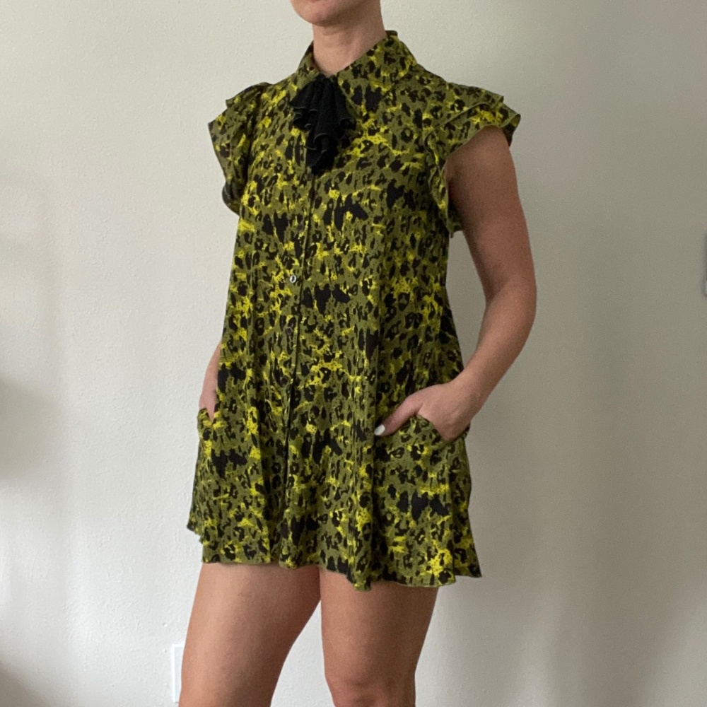Twelve Layers Neon Green Yellow Animal Print Blouse Top Mini Pocket Dress - S